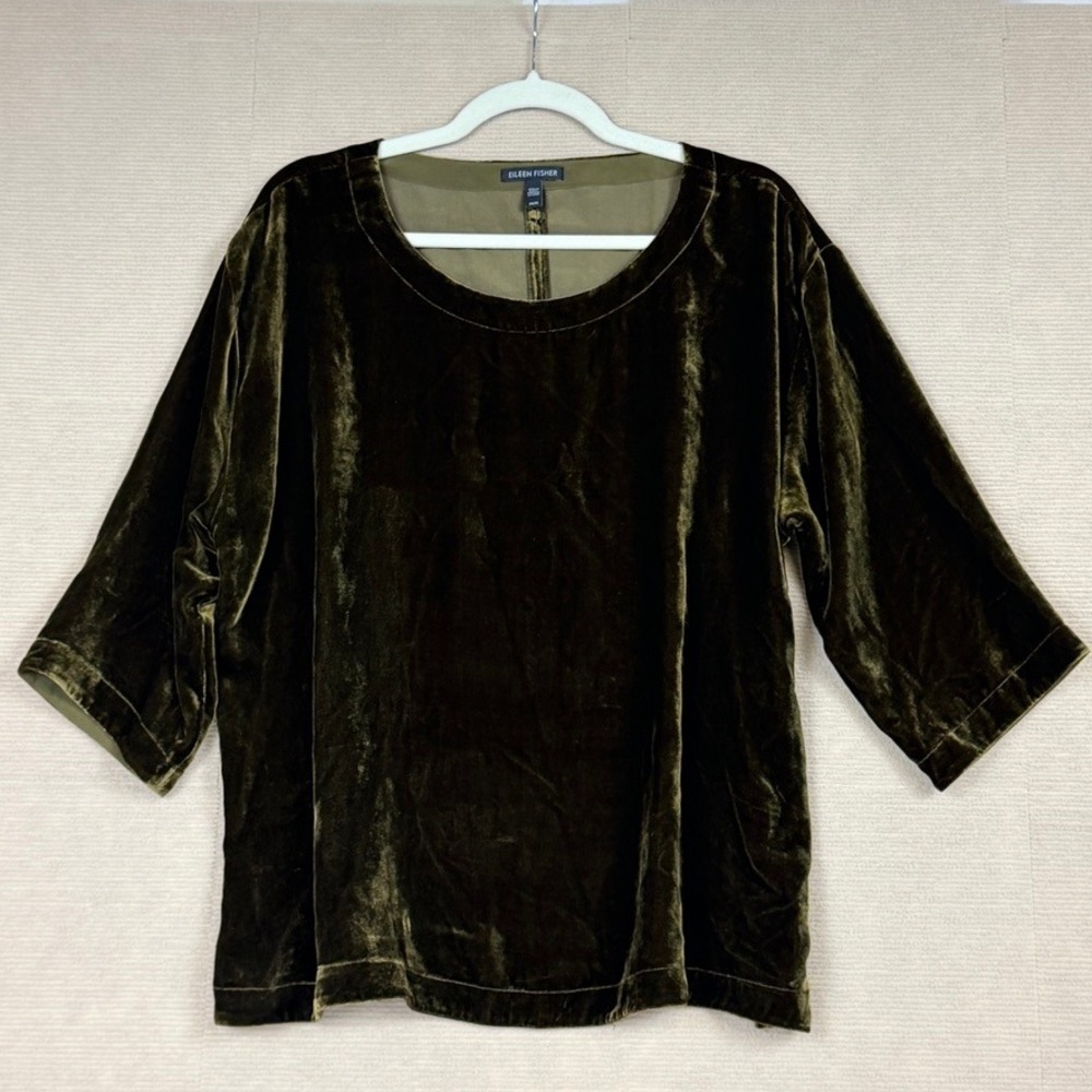 Eileen Fisher Olive Green Velvet Silk Blend Scoop Neck Top Size M